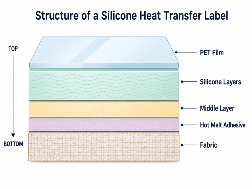 Cross-sectional structure of a silicone heat transfer label showing PET film, silicone layers, middle bonding layer, hot melt adhesive, and fabric.